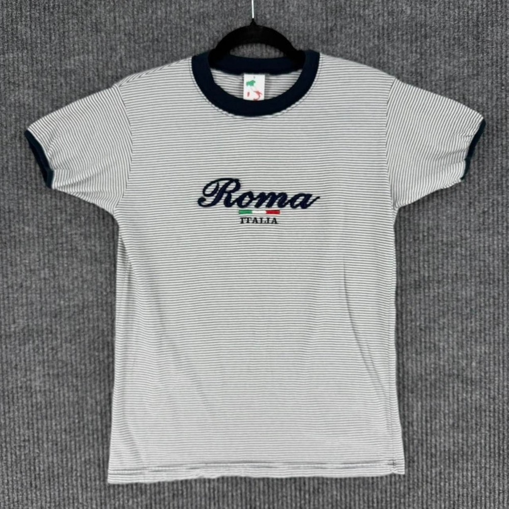Roma Italia embroidered striped ringer tee Italy navy white cotton size Small